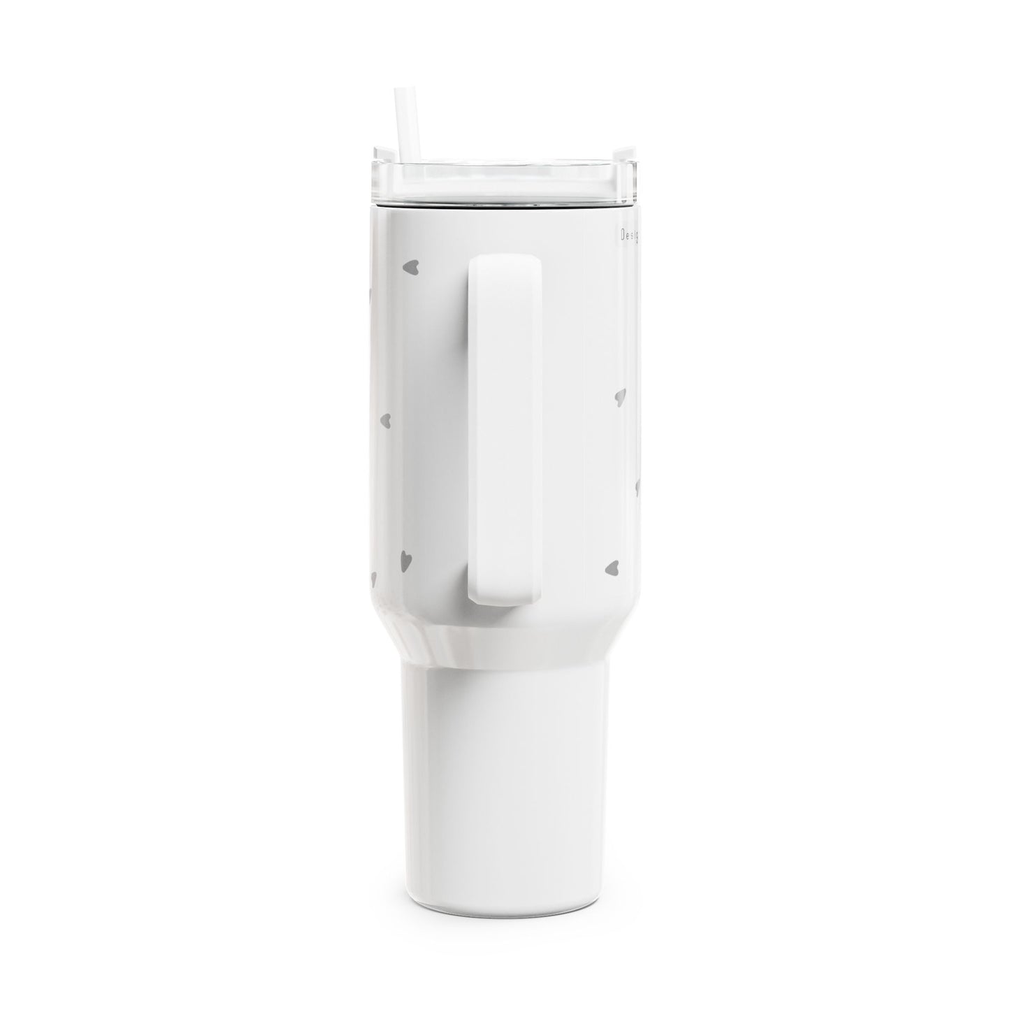 Minimalistický tumbler 1,2l — cestovní hrnek se šedými srdíčky a brčkem