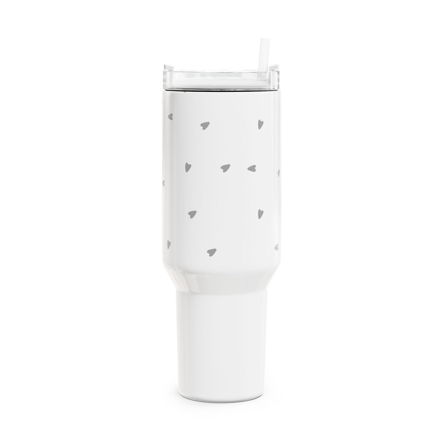 Minimalistický tumbler 1,2l — cestovní hrnek se šedými srdíčky a brčkem