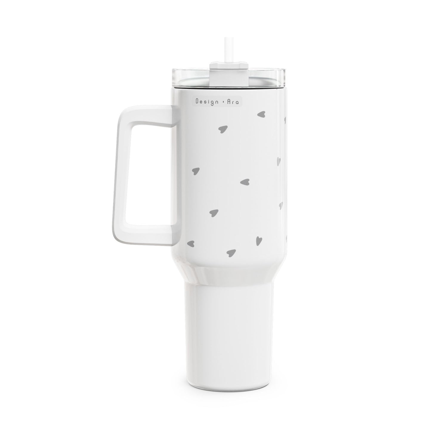 Minimalistický tumbler 1,2l — cestovní hrnek se šedými srdíčky a brčkem