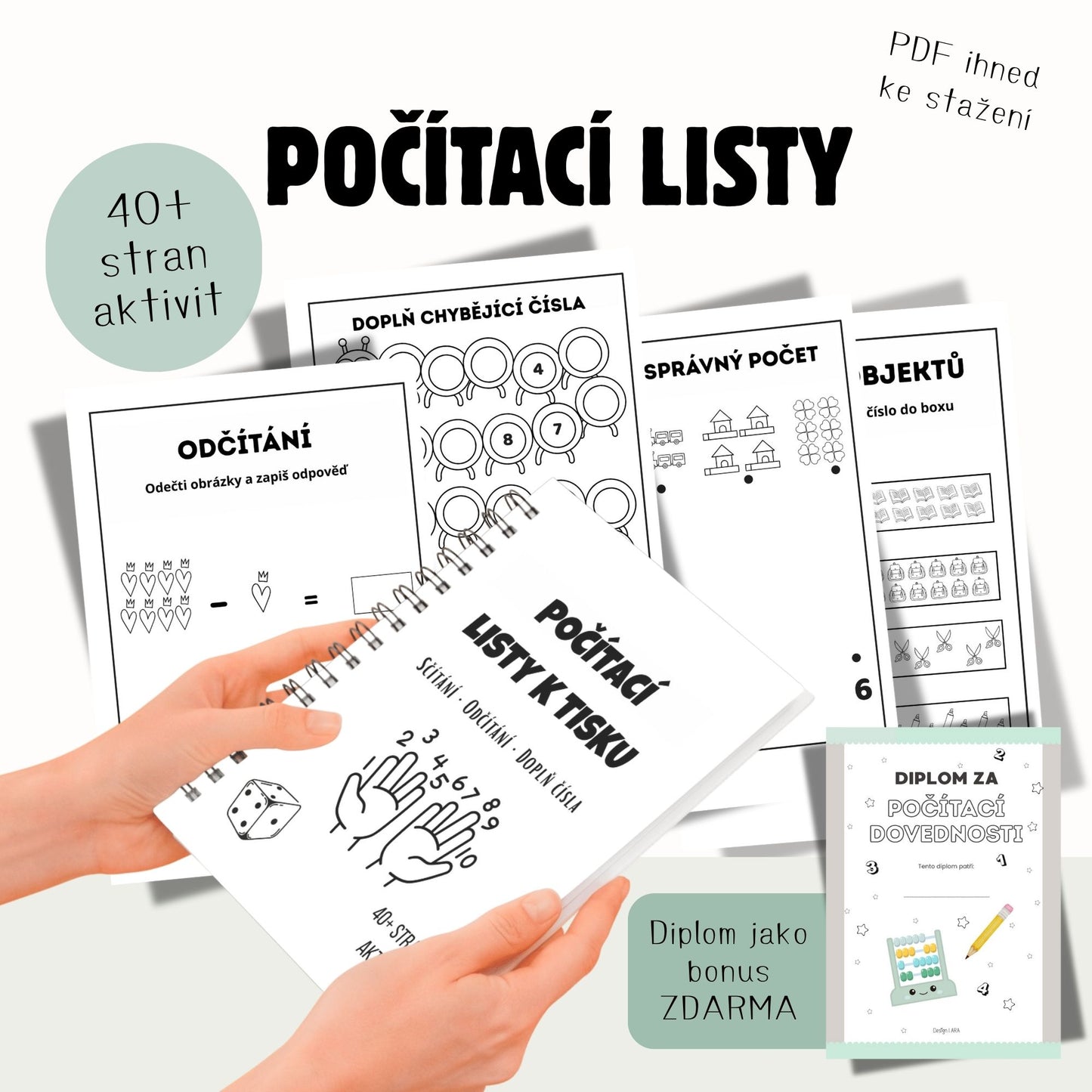 Počítací pracovní listy – sčítání, odčítání, čísla a doplňování (40+ stran PDF)