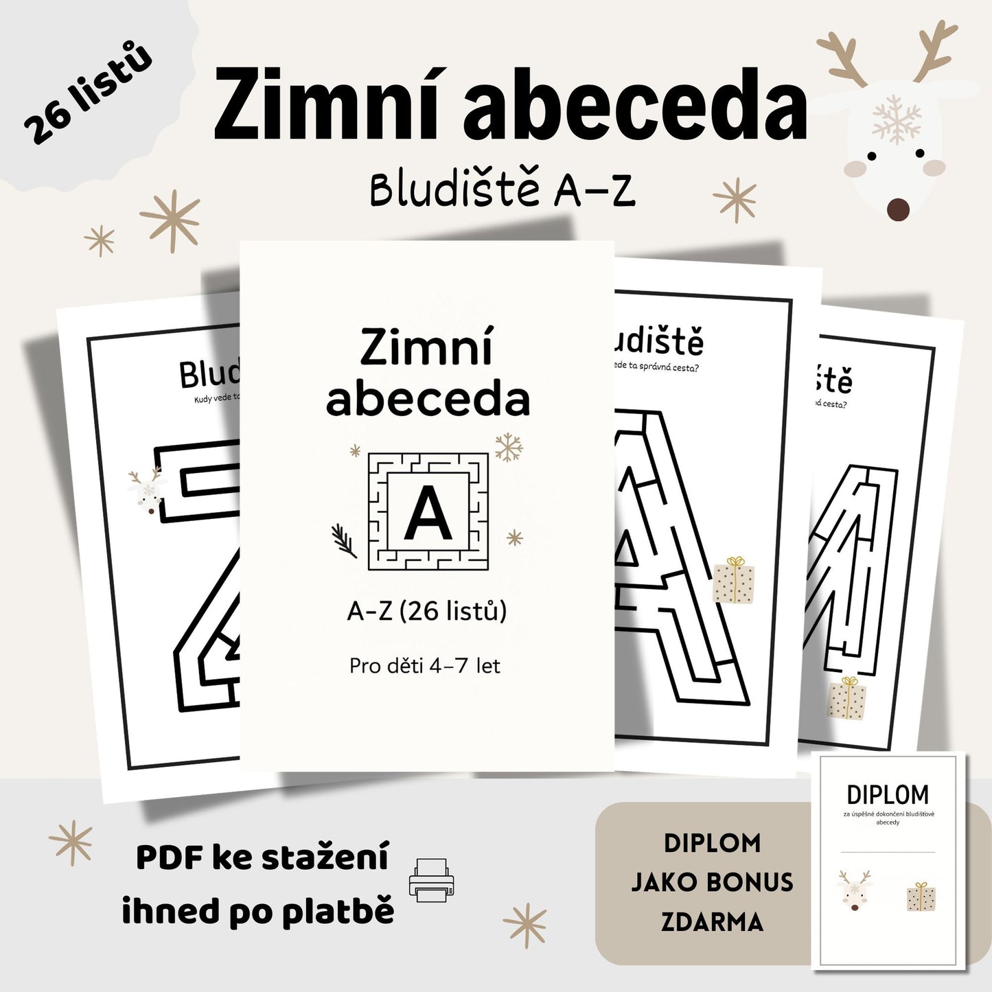Zimní abeceda – bludiště A–Z (26 listů)