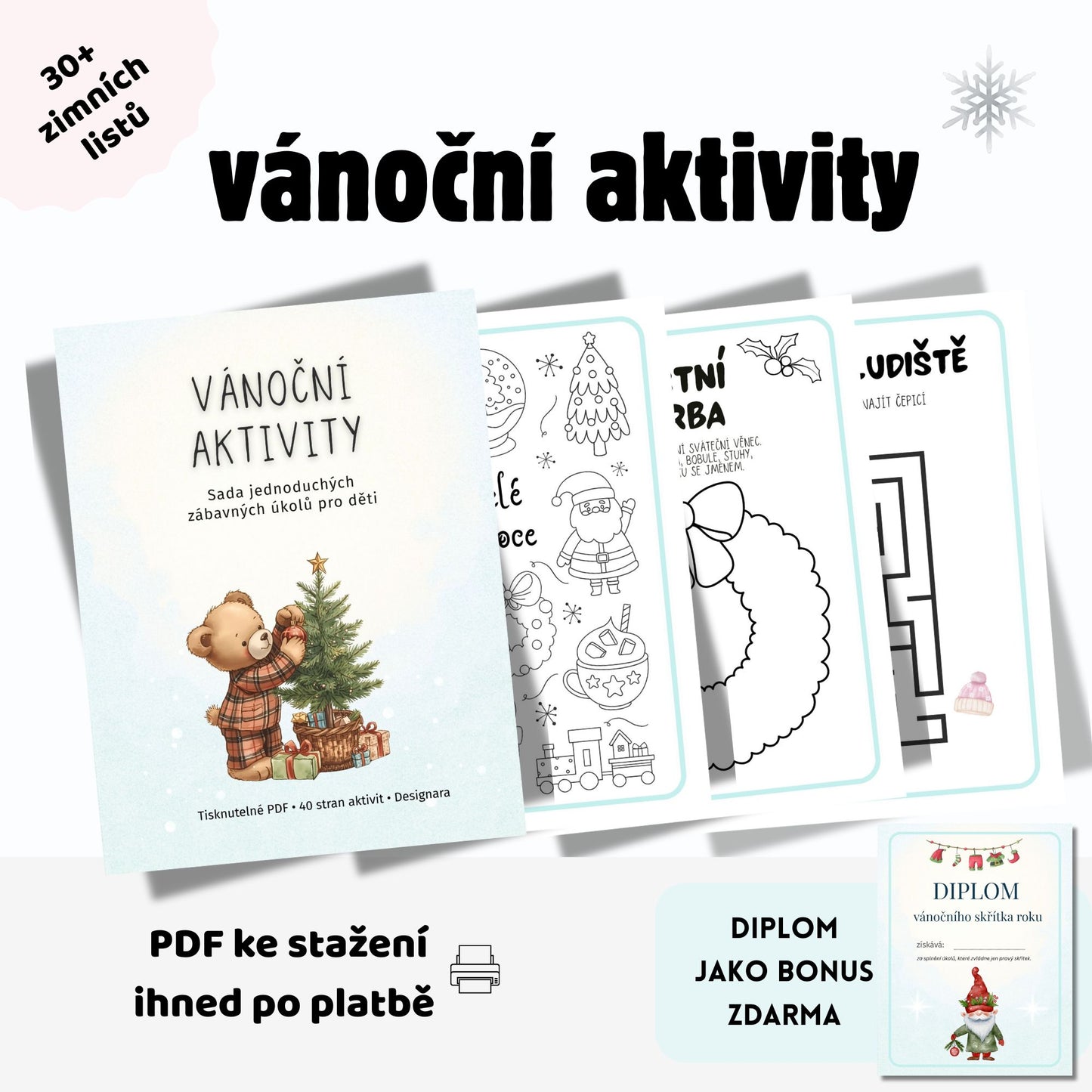 Vánoční aktivity – 30+ zimních listů + diplom (PDF)