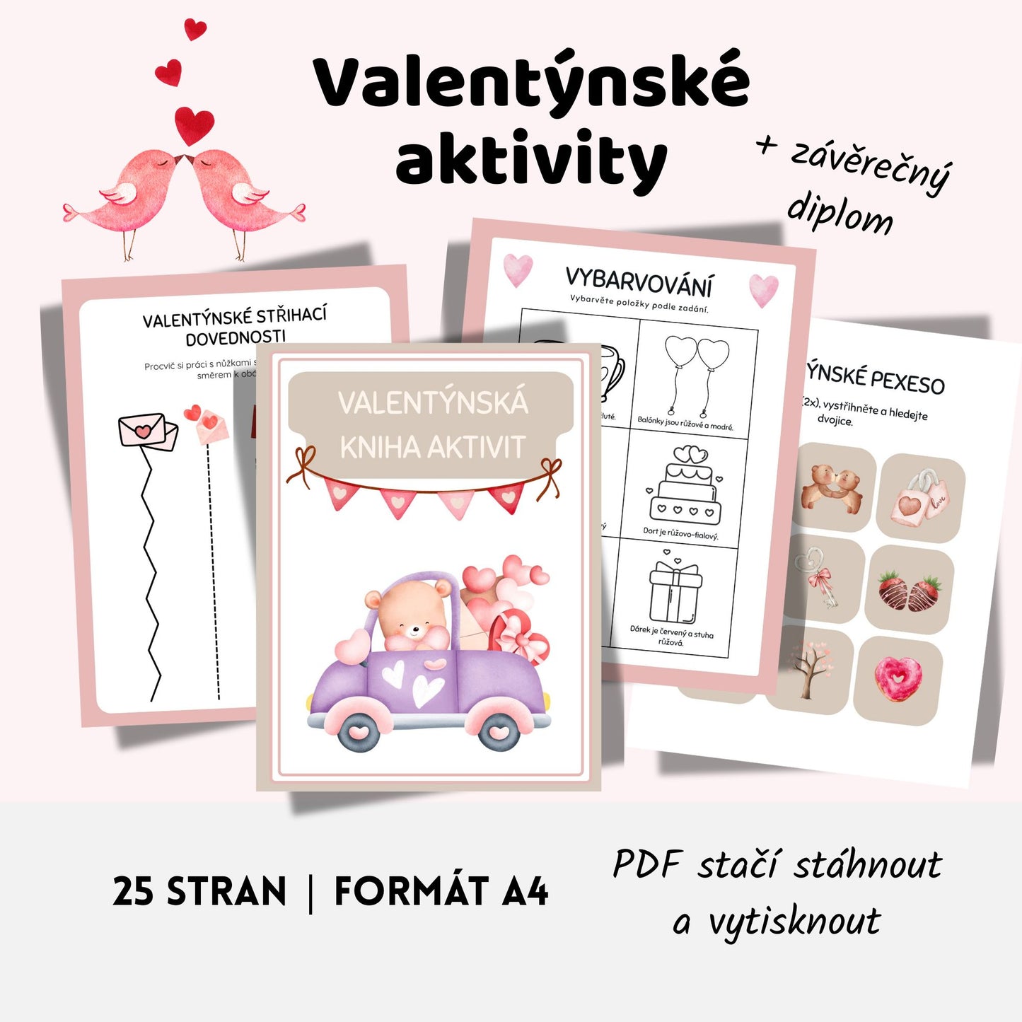 Valentýnská kniha aktivit – kompletní balíček (25+ pracovních listů + diplom)
