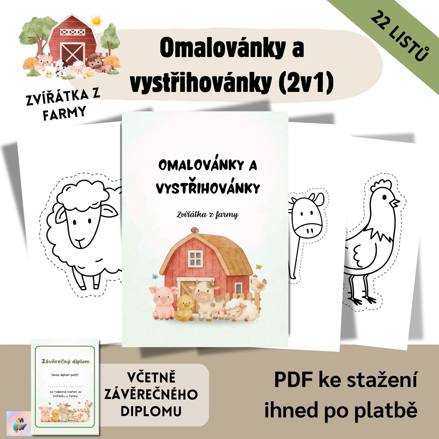 Omalovánky & vystřihovánky 2v1 – Farma zvířátka (22 listů + diplom)