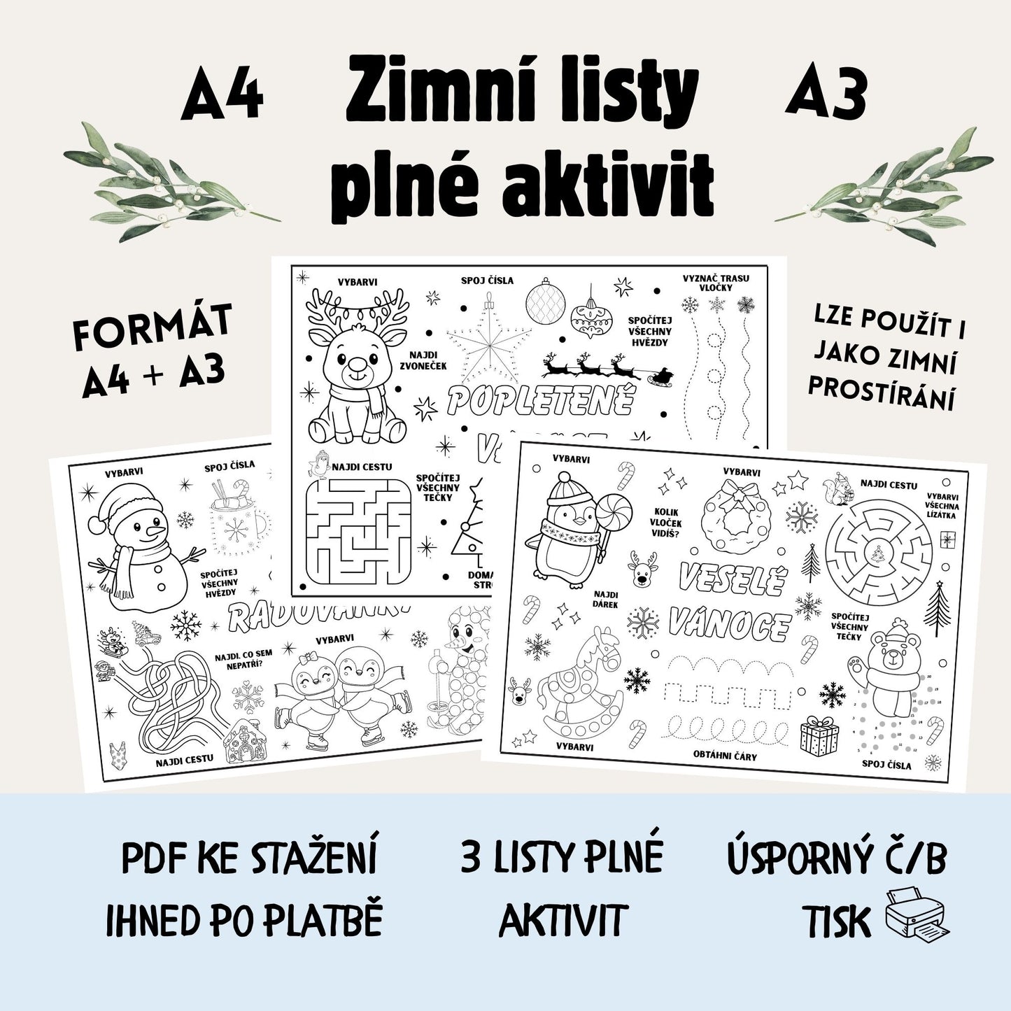 Zimní pracovní listy – 3 zábavné A4/A3 aktivity pro děti (PDF)