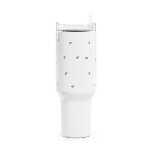 Minimalistický tumbler 1,2l — cestovní hrnek se šedými srdíčky a brčkem