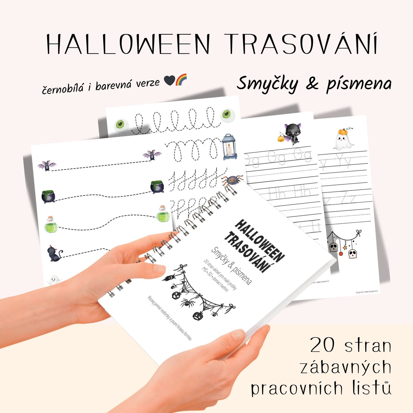 Halloween tematické pracovní listy pro děti – trasování smyček a písmen, barevná i černobílá verze. Ukázka listů s obrázky dýní, koček a duchů