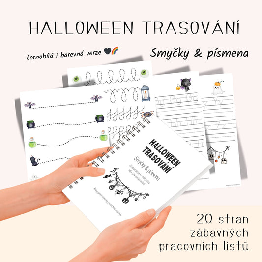 Halloween tematické pracovní listy pro děti – trasování smyček a písmen, barevná i černobílá verze. Ukázka listů s obrázky dýní, koček a duchů