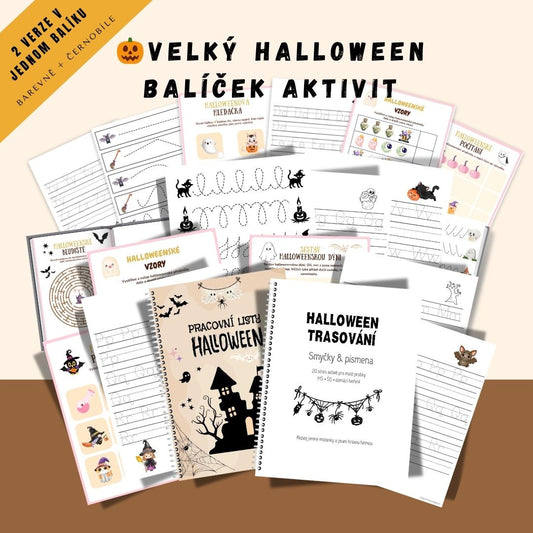 🎃 Celá halloweenská sada aktivit – pracovní listy + trasování (barevná i černobílá verze)