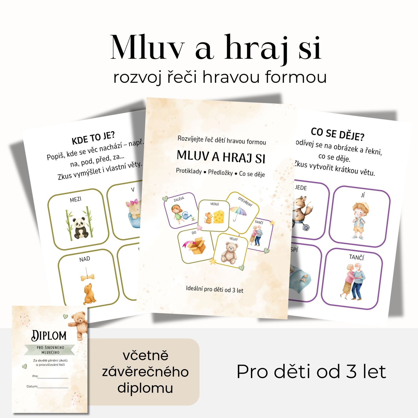 Mluv a hraj si – kartičky pro rozvoj řeči (3v1: protiklady, předložky, činnosti)