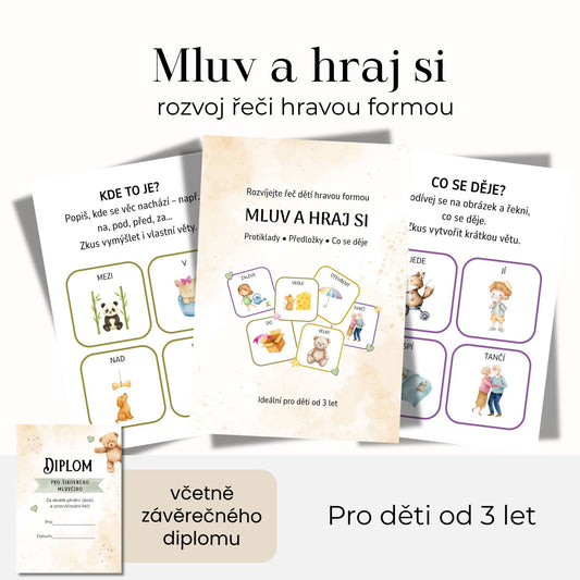 Mluv a hraj si – kartičky pro rozvoj řeči (3v1: protiklady, předložky, činnosti)