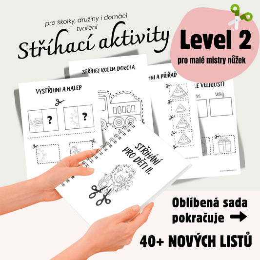 Stříhací pracovní listy pro děti – rozšířená sada Level 2 s více než 40 aktivitami. Ukázka listů k vystřihování a nalepování