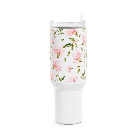 Cestovní tumbler o objemu 1,2 l s květinovým vzorem, víčkem a brčkem – stylový termohrnek na cesty