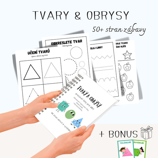 Pracovní listy pro děti – sada Tvary a obrysy s více než 60 aktivitami. Ukázka listů s geometrickými tvary, obrysy a bonusovými materiály.