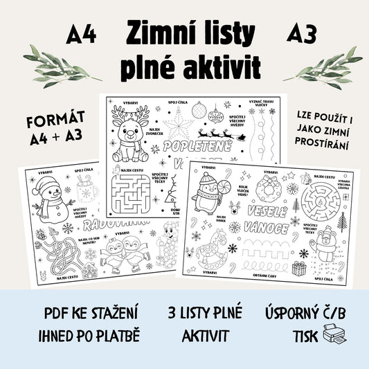 Zimní pracovní listy – 3 zábavné A4/A3 aktivity pro děti (PDF)