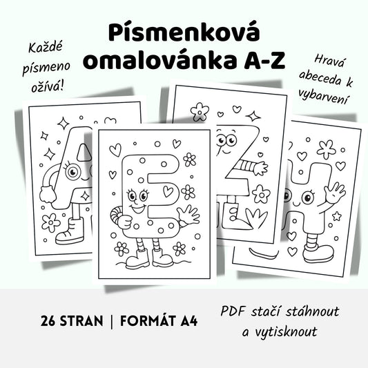 Písmenková omalovánka – celá abeceda k vybarvení (A–Z)
